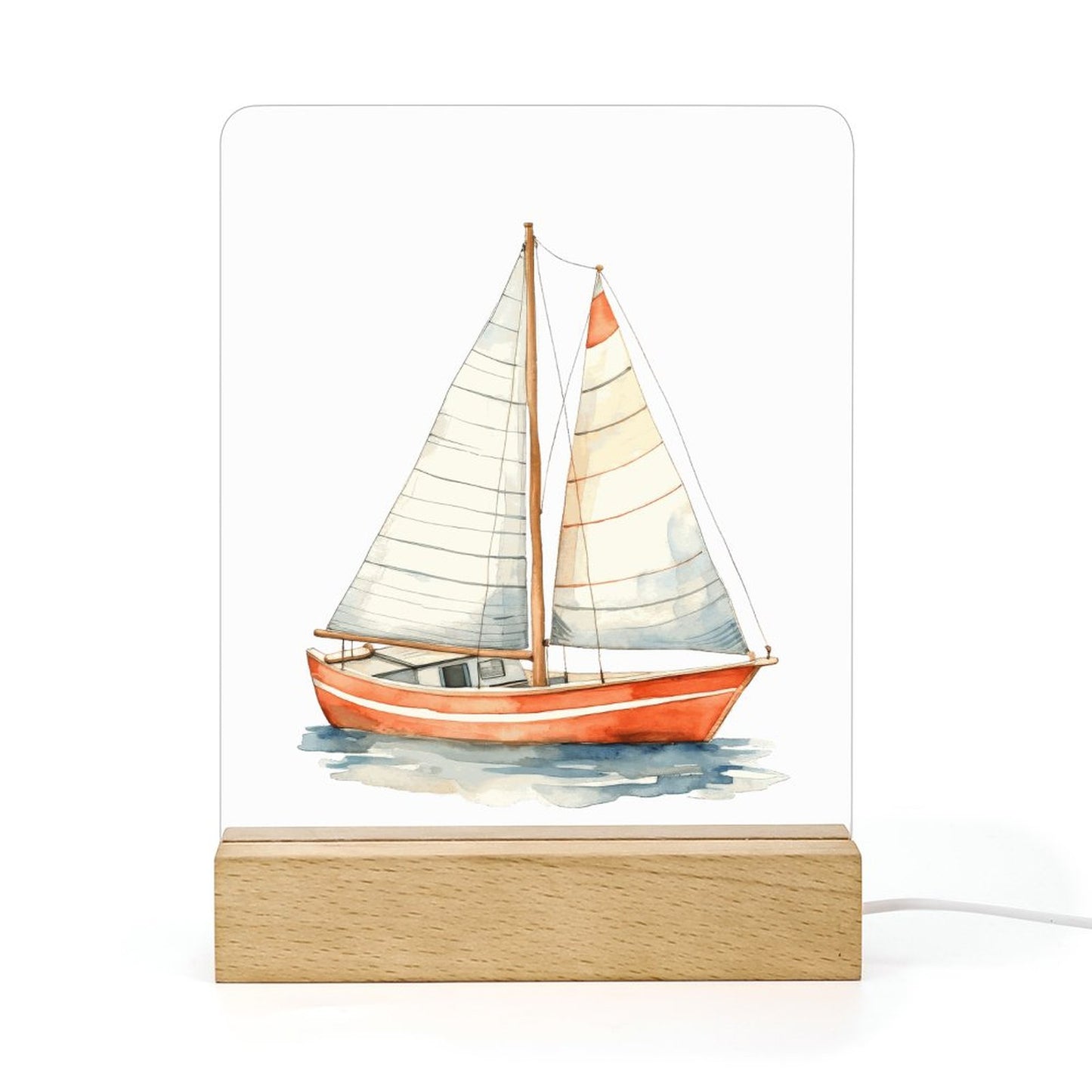 Watercolor Vintage Transportation Sail Boat Acrylic Night Light with Wooden Base