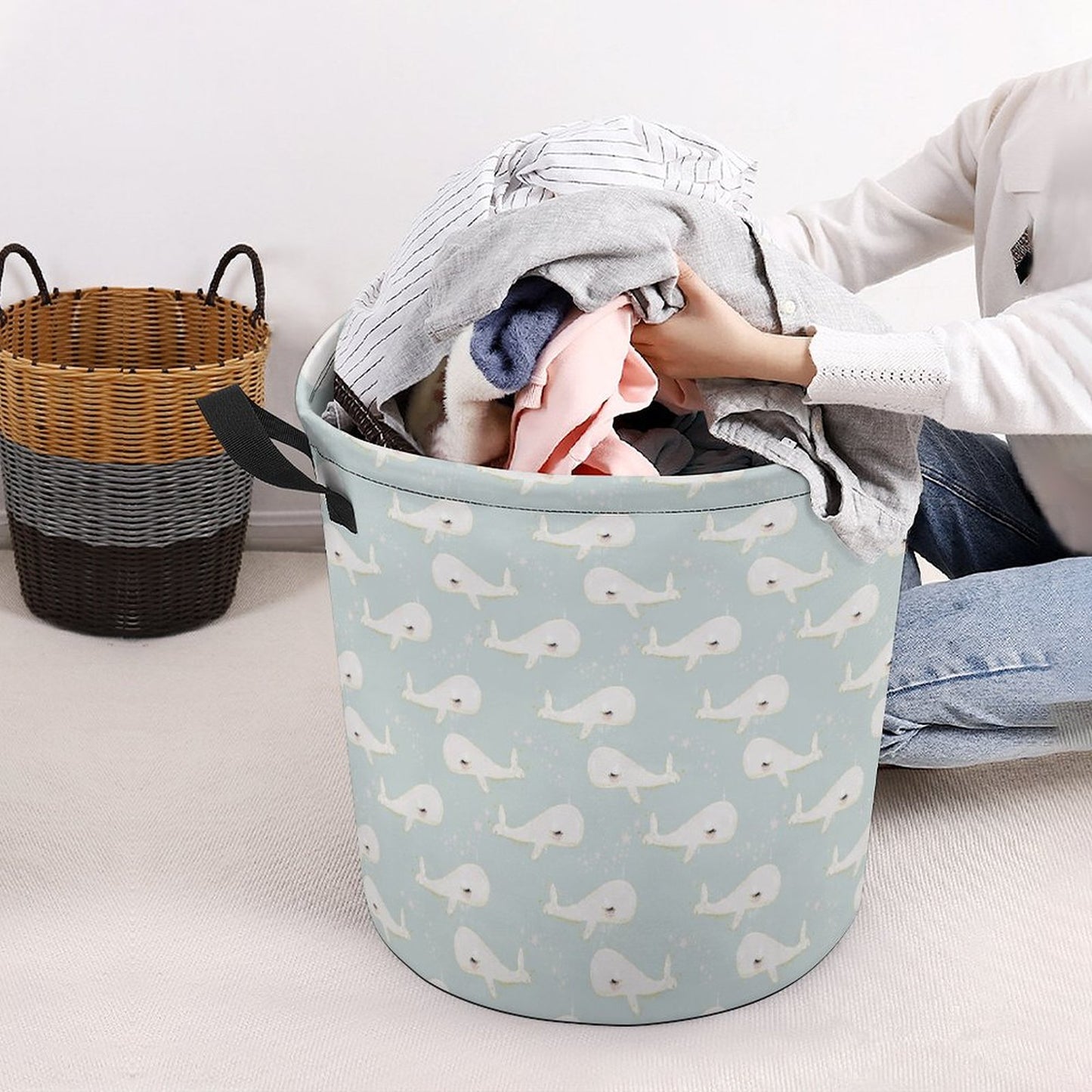 Collapsible Laundry Hamper- Beach Baby Whales