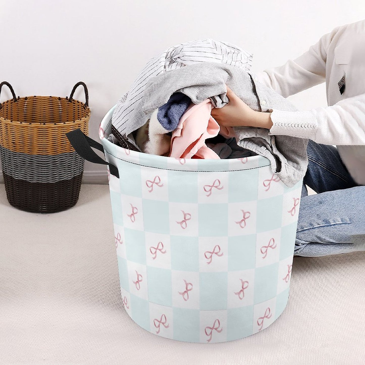 Collapsible Laundry Hamper- Coquette Blue Checkerboard