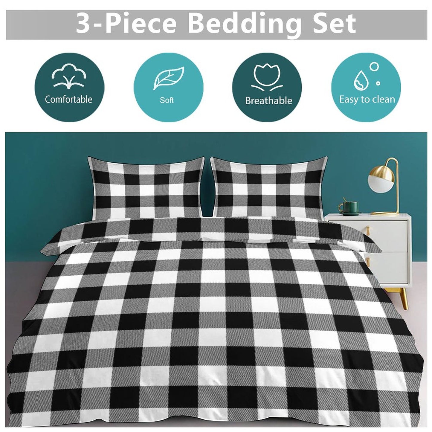 Black White Buffalo Plaid 3-Piece Bedding Set-102"x90" King, Reversible Buffalo Plaid Duvet Cover Set