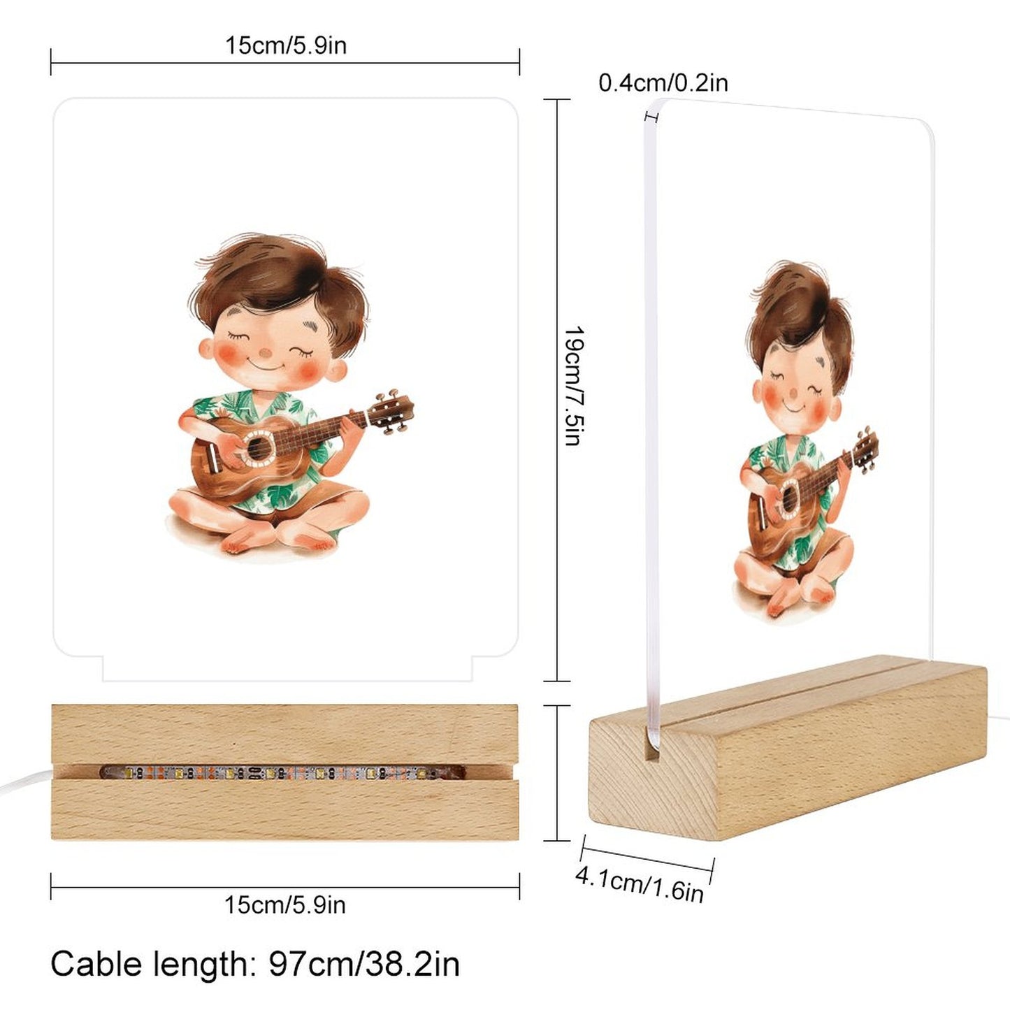 Watercolor Aloha Ukulele Boy Night Light with Wooden Base