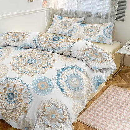 Blue Gold Boho Fun 3-Piece Bedding Set-90"x90" Full, Queen Reversible Boho Blue, Cream, Gold Duvet Cover