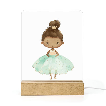 Watercolor Teal Princess 1 Acrylic Night Light with Wooden Base