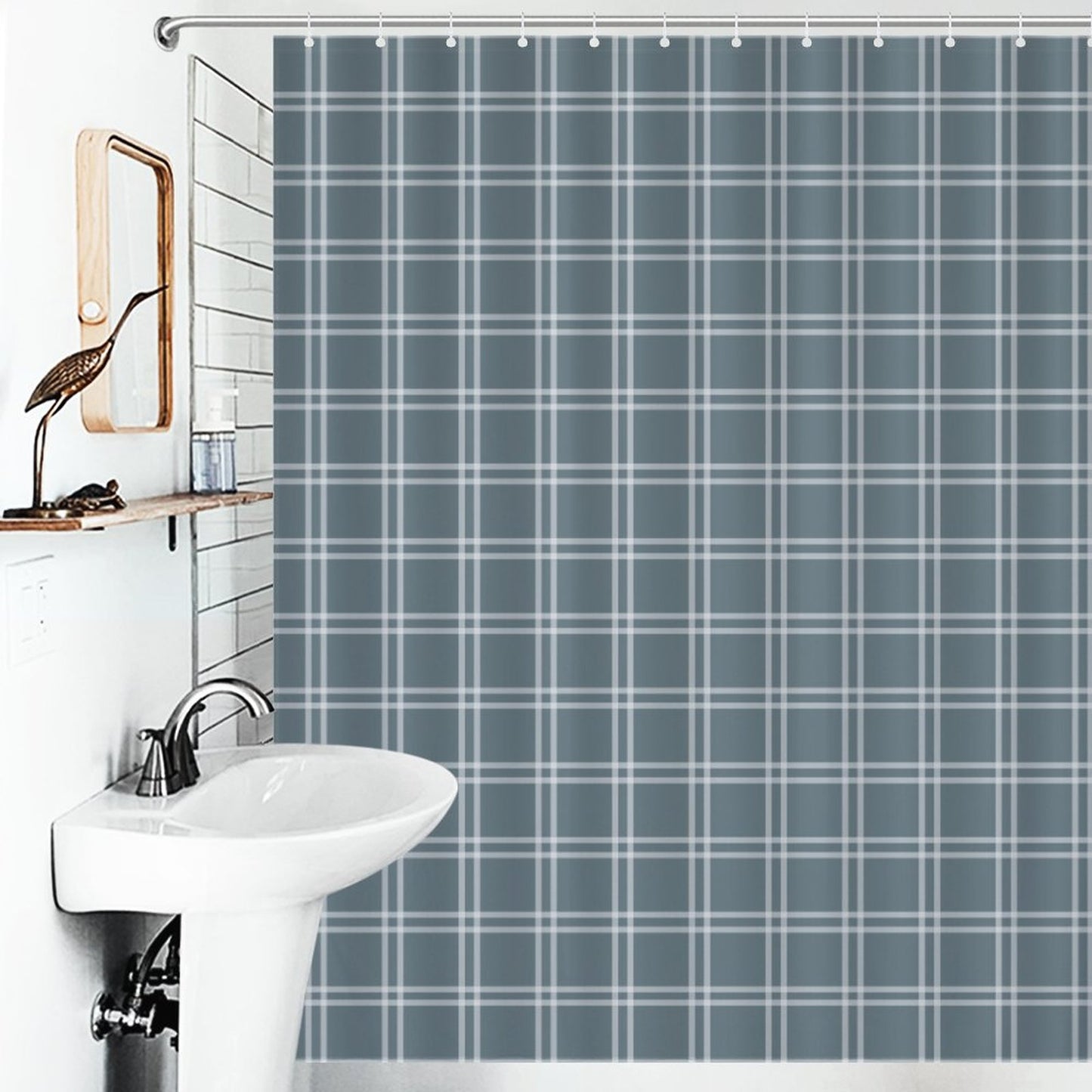 Lightweight Shower Curtain- Blue Check Stripes