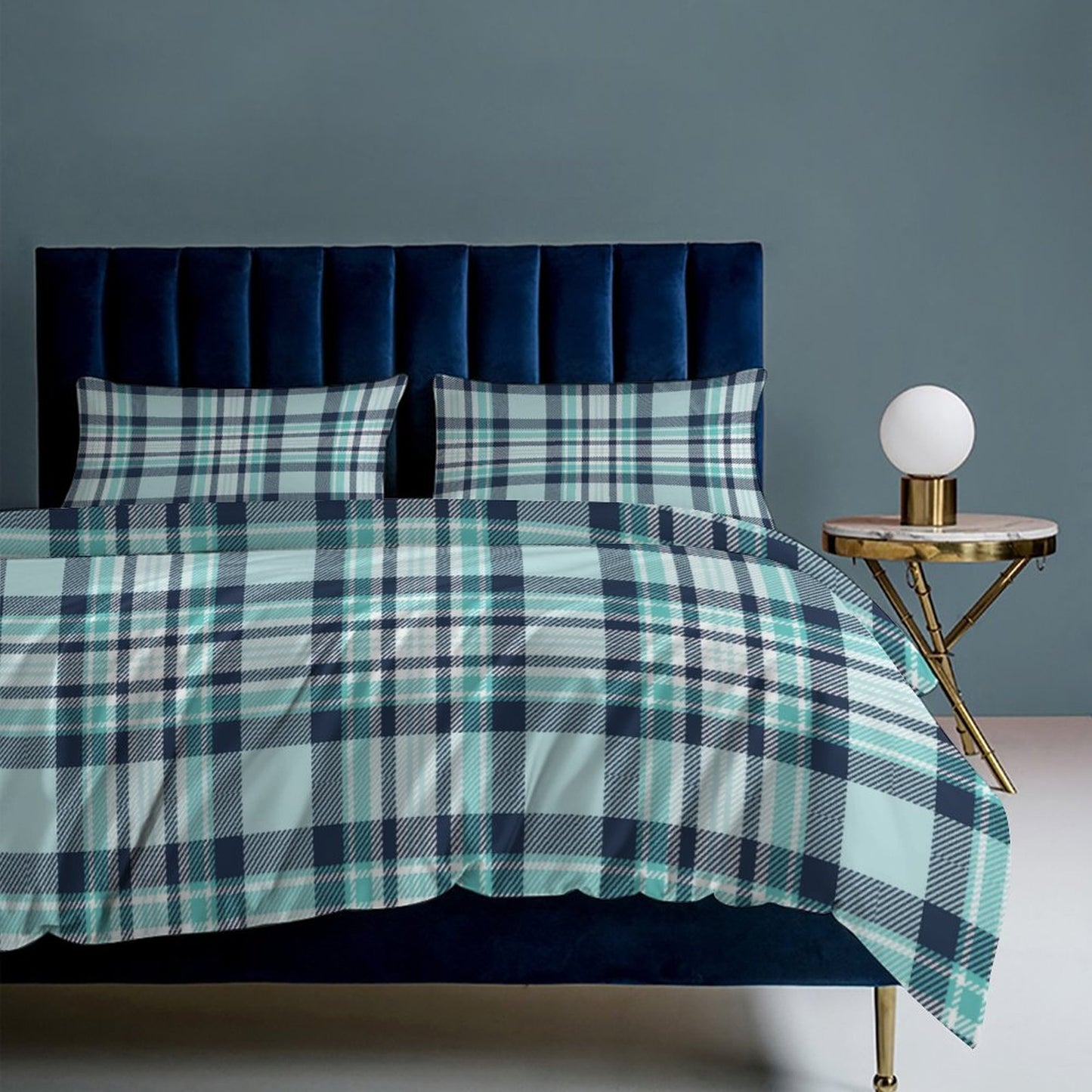 Teal Plaid 3-Piece Bedding Set-90"x90" Full, Queen Plaid Reversible Duvet Cover Set