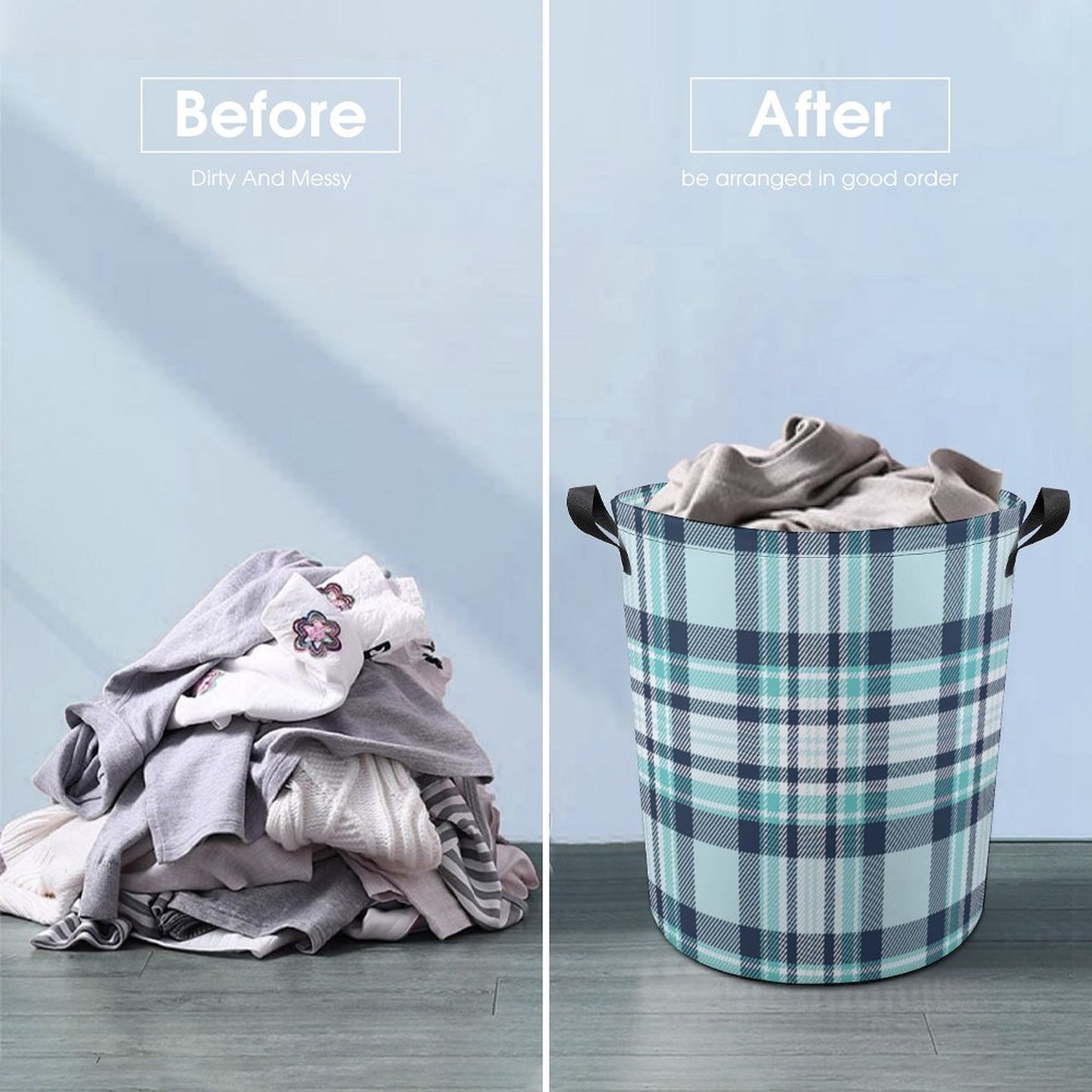 Collapsible Laundry Hamper-All The Blues Plaid