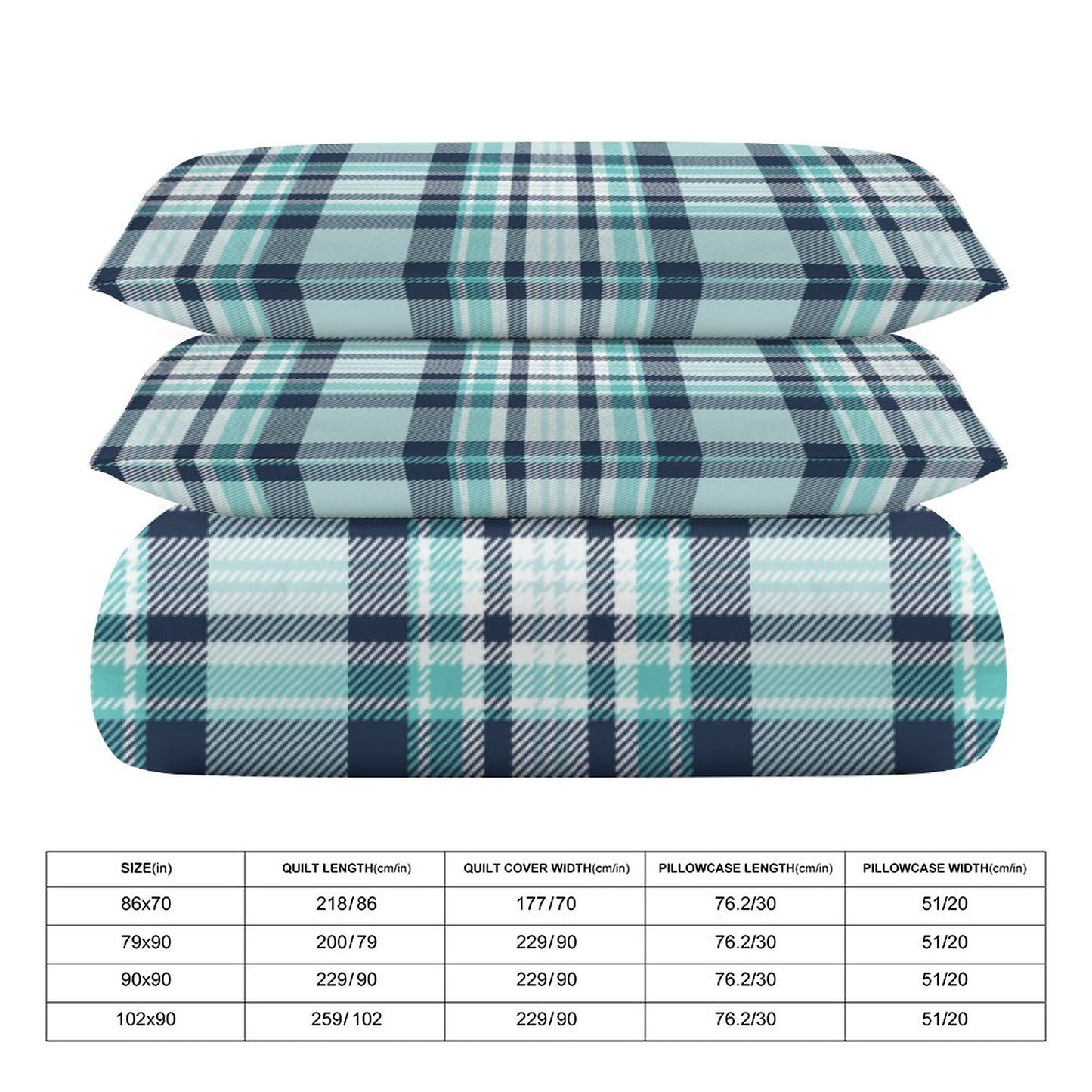 Teal Plaid 3-Piece Bedding Set-90"x90" Full, Queen Plaid Reversible Duvet Cover Set