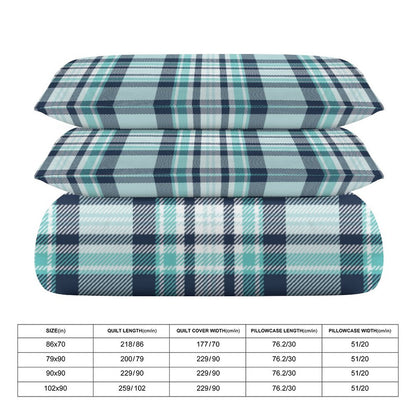 Teal Plaid 3-Piece Bedding Set-90"x90" Full, Queen Plaid Reversible Duvet Cover Set