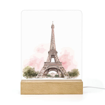 Watercolor Paris Acrylic Night Light with Wooden Base