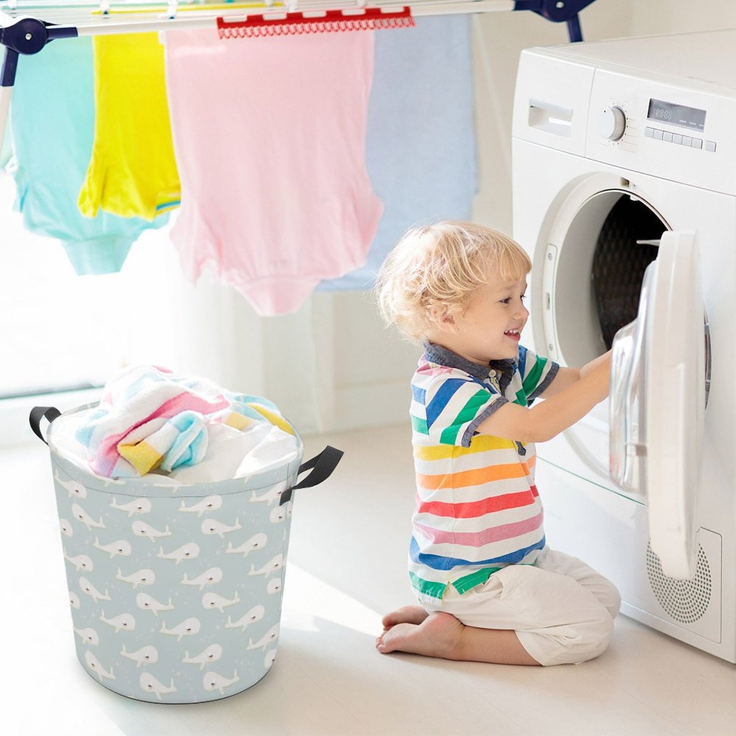 Collapsible Laundry Hamper- Beach Baby Whales