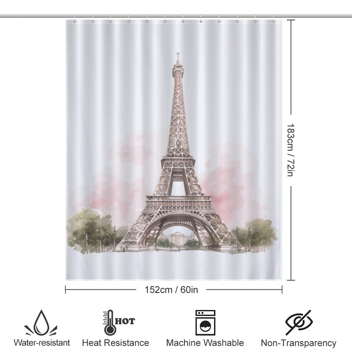 Lightweight Shower Curtain- Pink Paris Eiffel Tower