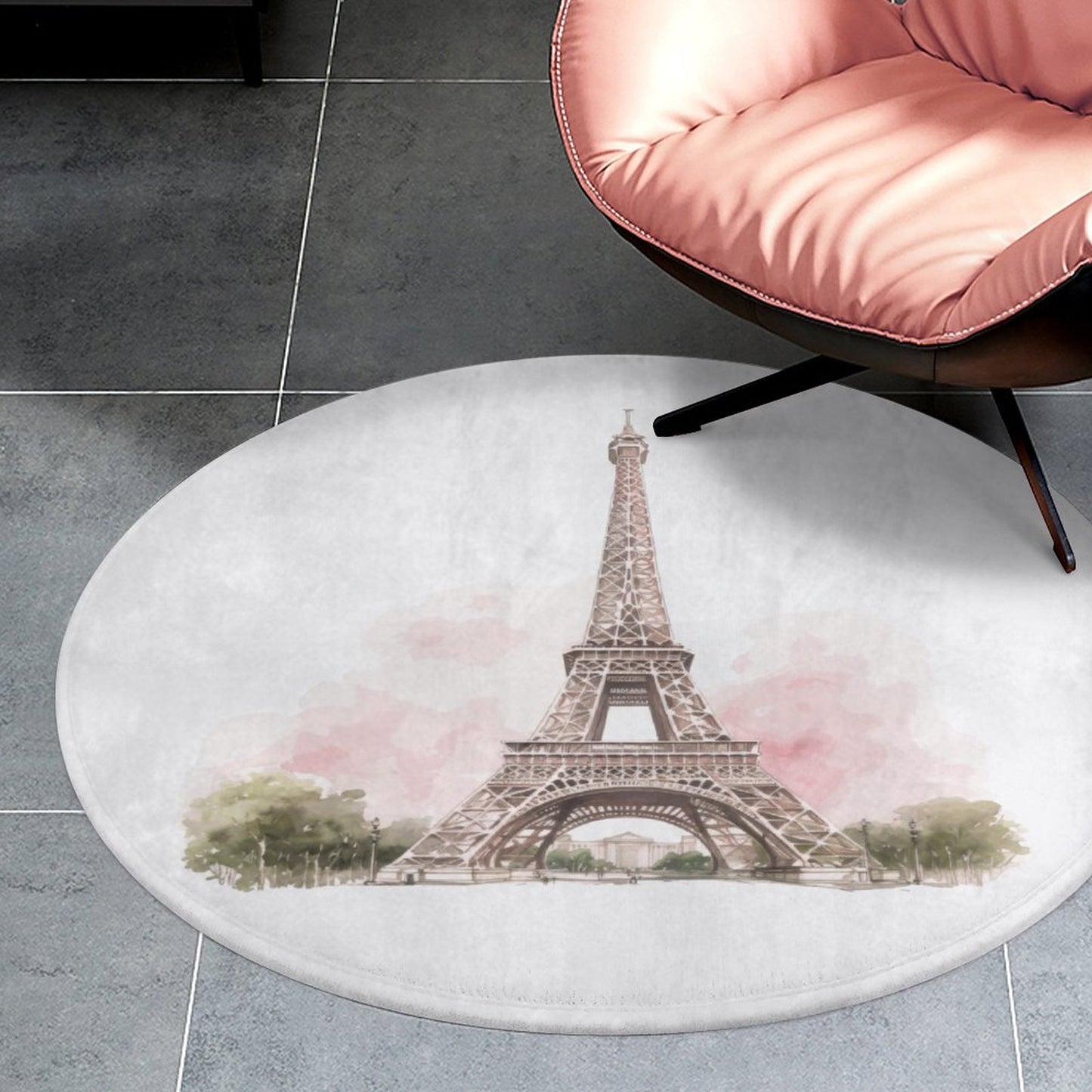 Round Plush Bath Mat- Pink Paris Eiffel Tower