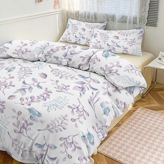 Elegant Lavender Floral 3-Piece Bedding Set-86"×70"Twin, Reversible Duvet Cover Set