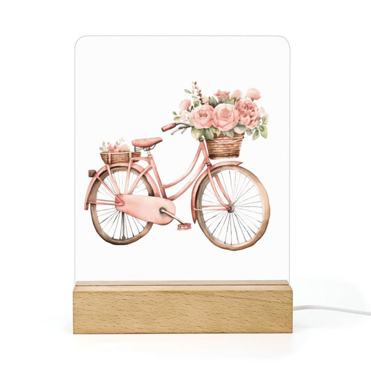 Watercolor Pink Paris Bicycle Basket Acrylic Night Light with Wooden Base