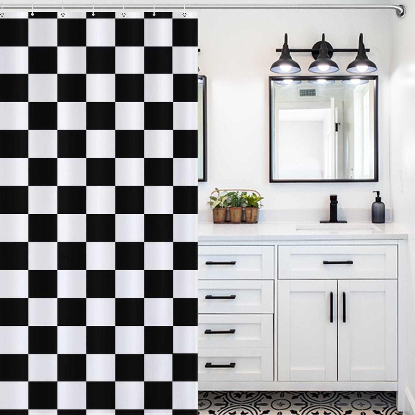 Lightweight Shower Curtain- Black and White Checkerboard