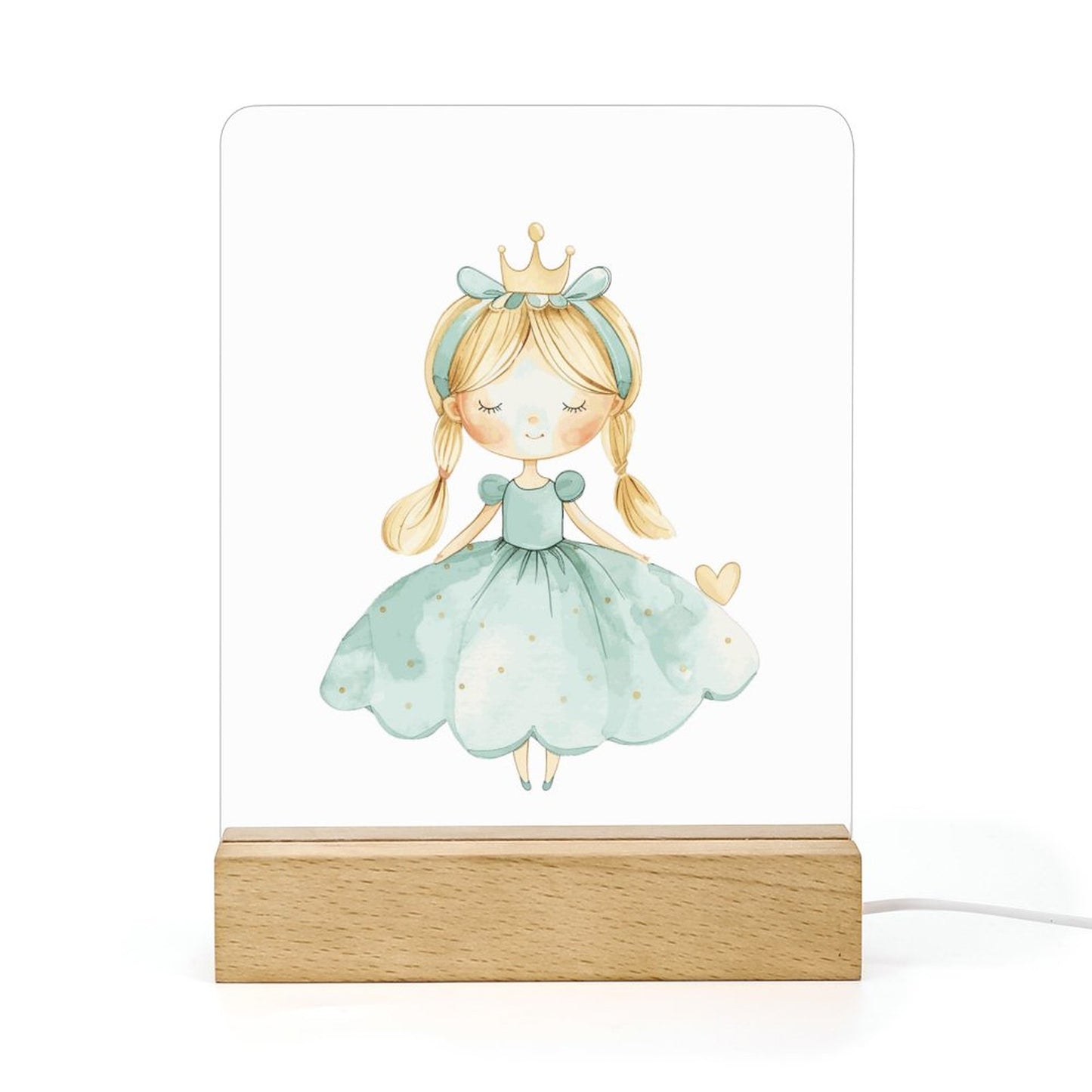 Watercolor Teal Princess 3 Acrylic Night Light with Wooden Base