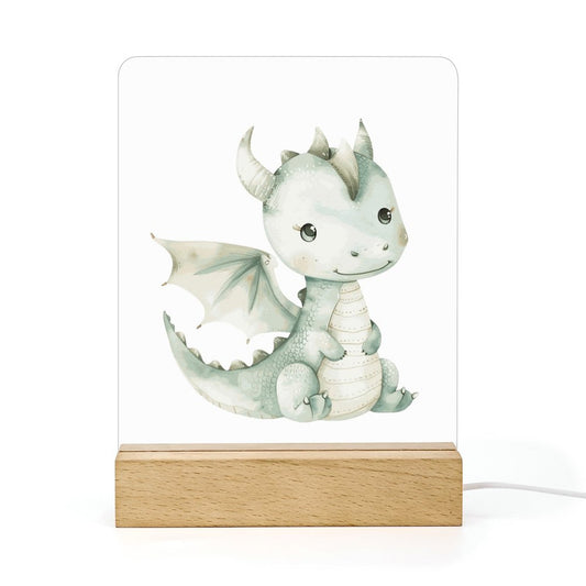 Watercolor Teal Princess Baby Dragon Acrylic Night Light with Wooden Base