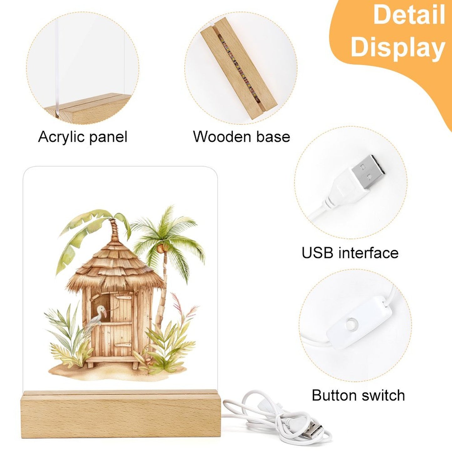 Watercolor Aloha Tiki Hut Night Light with Wooden Base