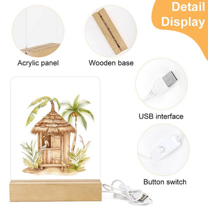 Watercolor Aloha Tiki Hut Night Light with Wooden Base