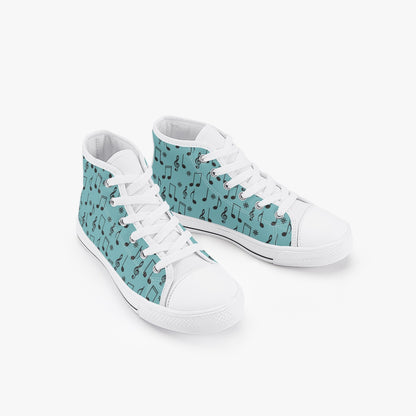 unisex 50s Diner Music Notes Teal Kid’s High-Top Canvas Shoes