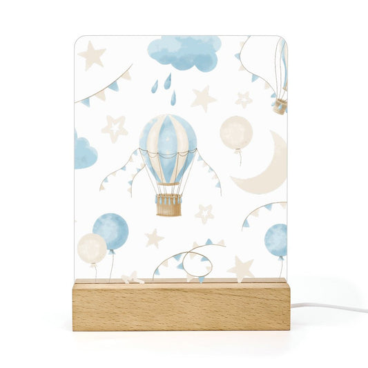 Watercolor Balloon Clouds Blue Acrylic Night Light with Wooden Base