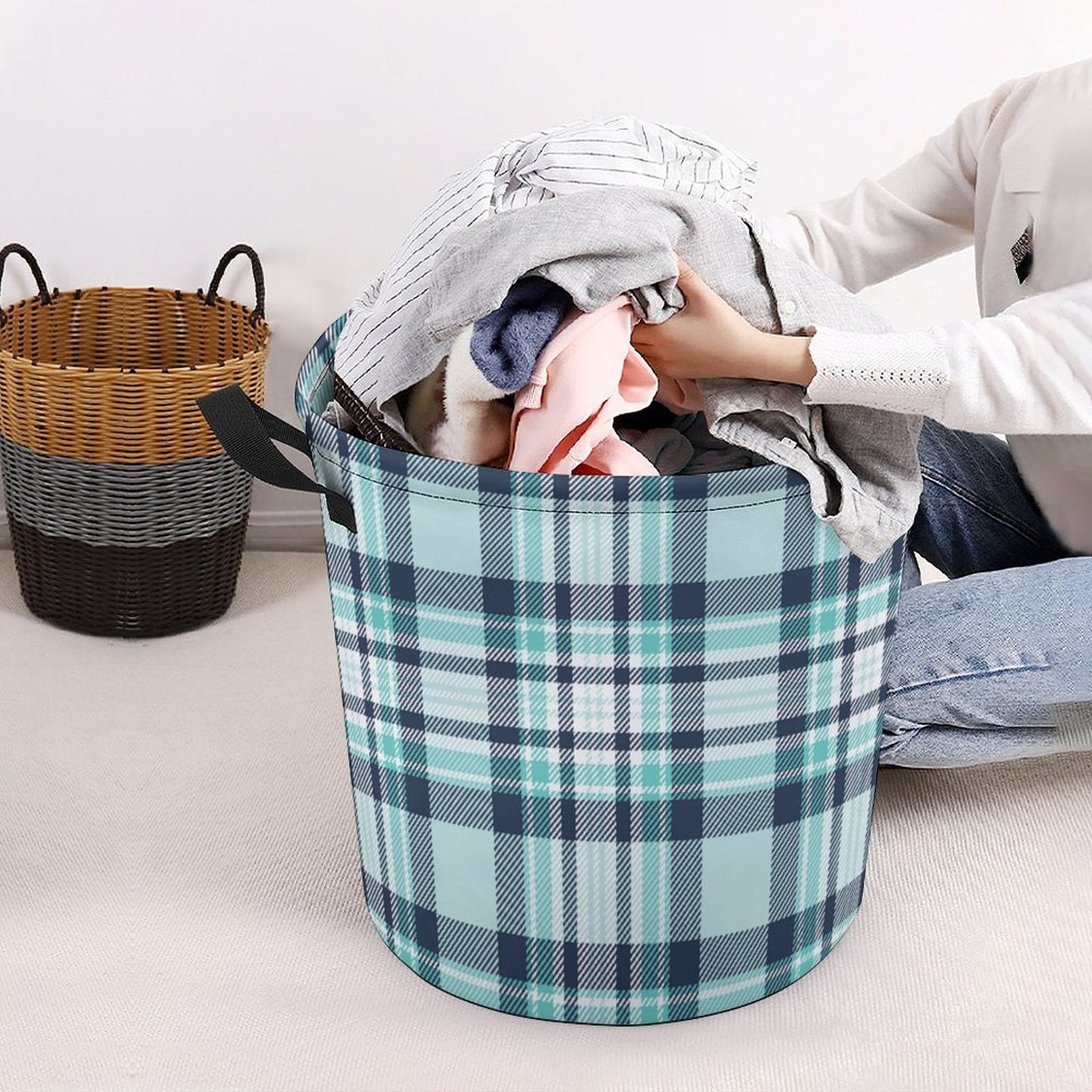 Collapsible Laundry Hamper-All The Blues Plaid