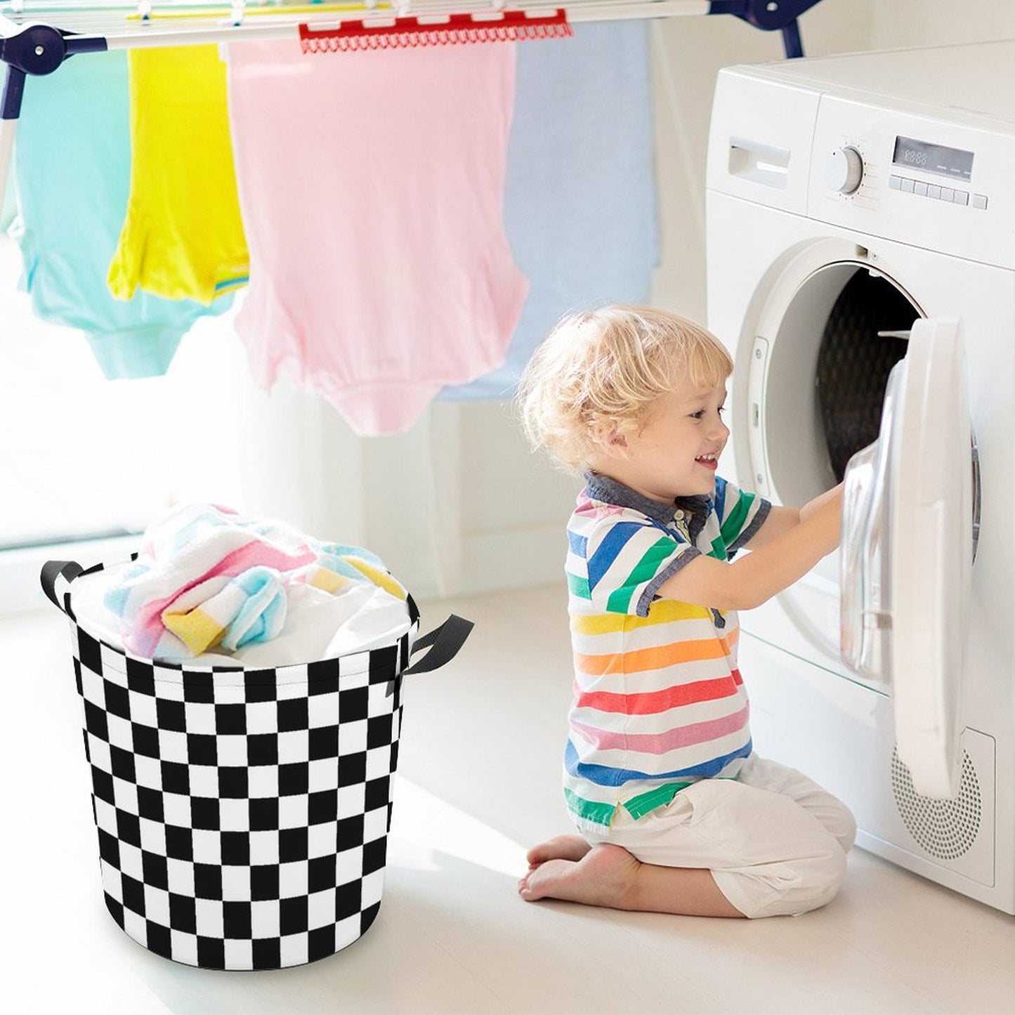 Collapsible Laundry Hamper- Black and White Checkerboard