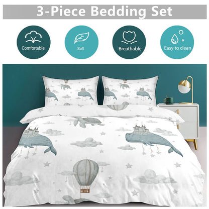 Whale Clouds 3-Piece Duvet Bedding Set-90"x90" Full/Queen Reversible Children's Duvet Cover Set