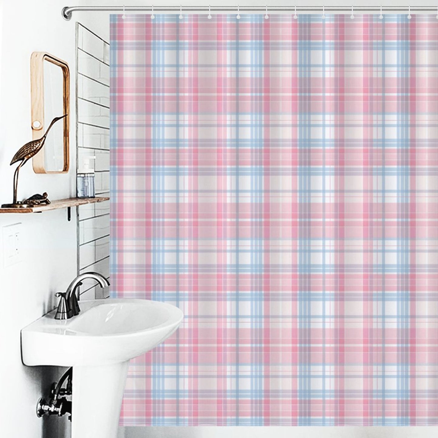 Lightweight Shower Curtain-Easter Plaid Pink Blue