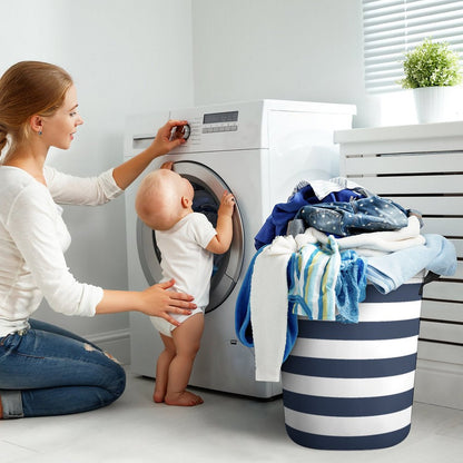 Collapsible Laundry Hamper- Nautical Stripes Navy