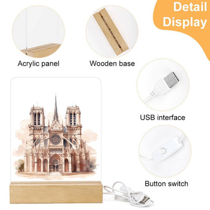 Watercolor Paris Cathedral Acrylic Night Light with Wooden Base