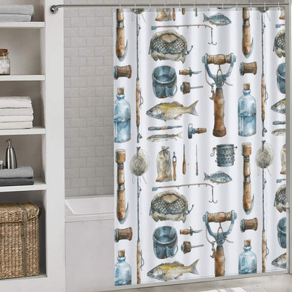 Lightweight Shower Curtain- Watercolor Fishing Tools