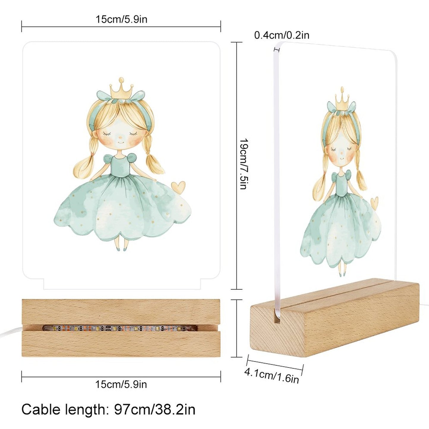 Watercolor Teal Princess 3 Acrylic Night Light with Wooden Base