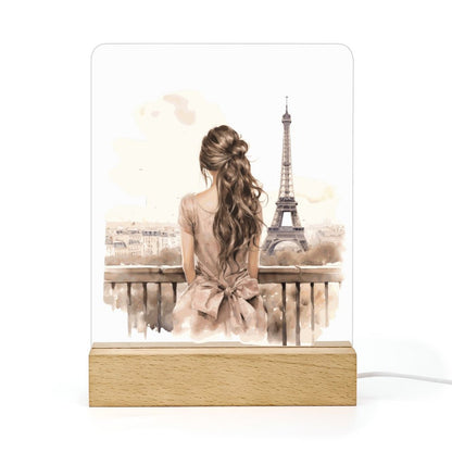 Watercolor Paris Girl Acrylic Night Light with Wooden Base