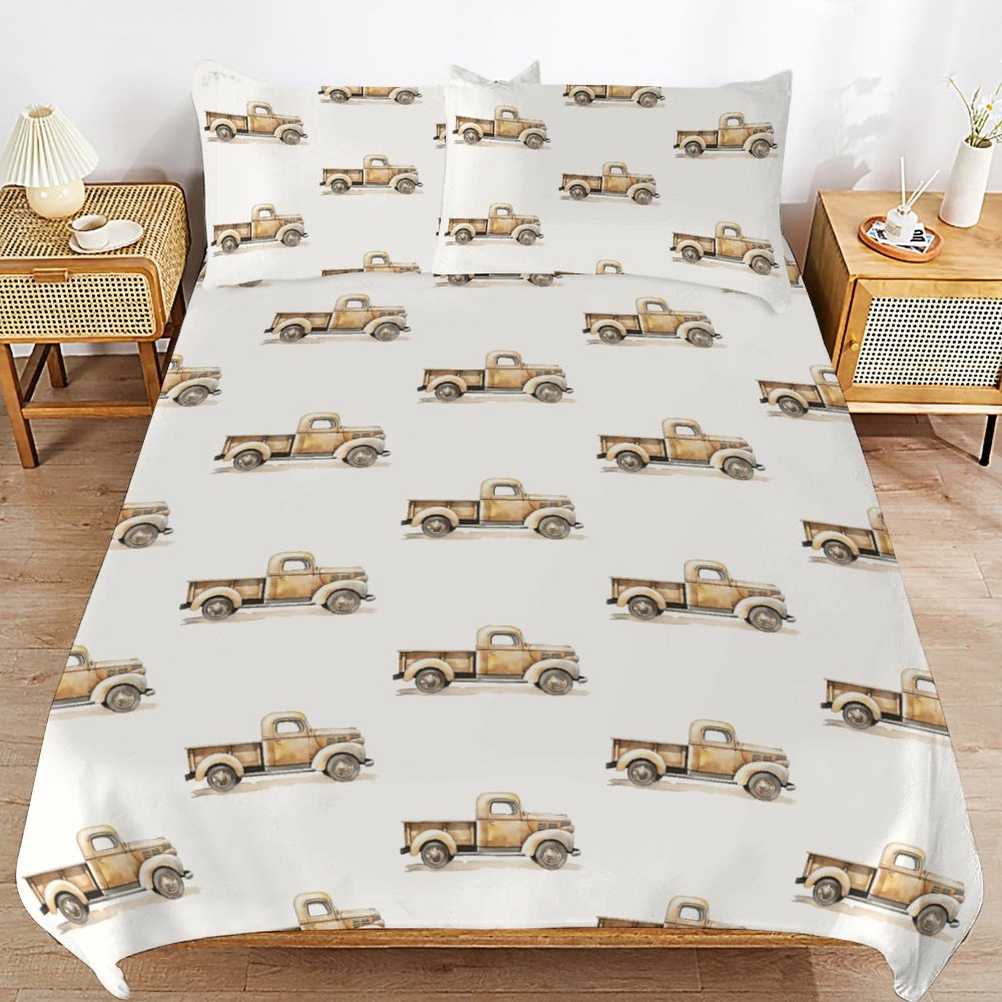 Boys Vintage Trucks Bedding Set-90"x90" Reversible Duvet Cover Set, Transportation Theme Bedding