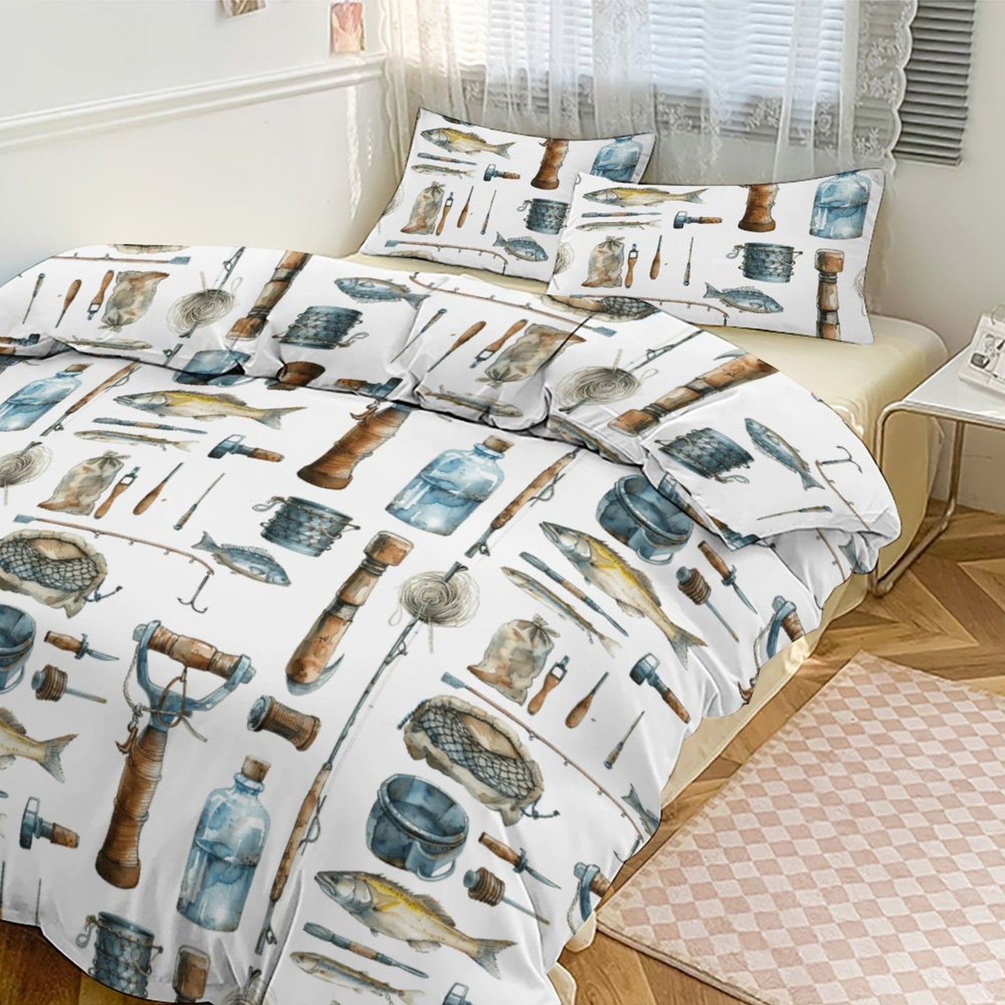 Watercolor Fishing Tools  3-Piece Bedding Set-90"x90" Full, Queen Reversible Fishing Duvet Cover, Fishing Camp, Lake House Bedding Set