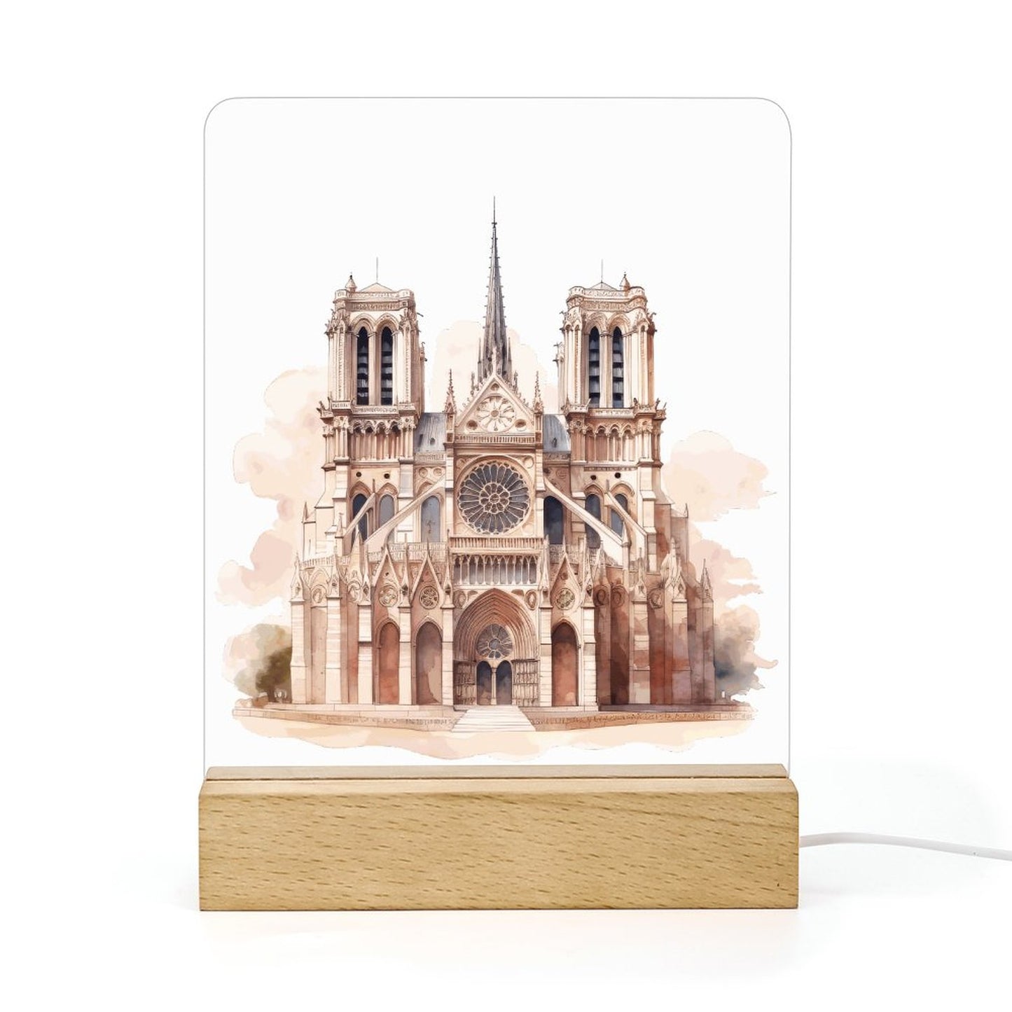 Watercolor Paris Cathedral Acrylic Night Light with Wooden Base