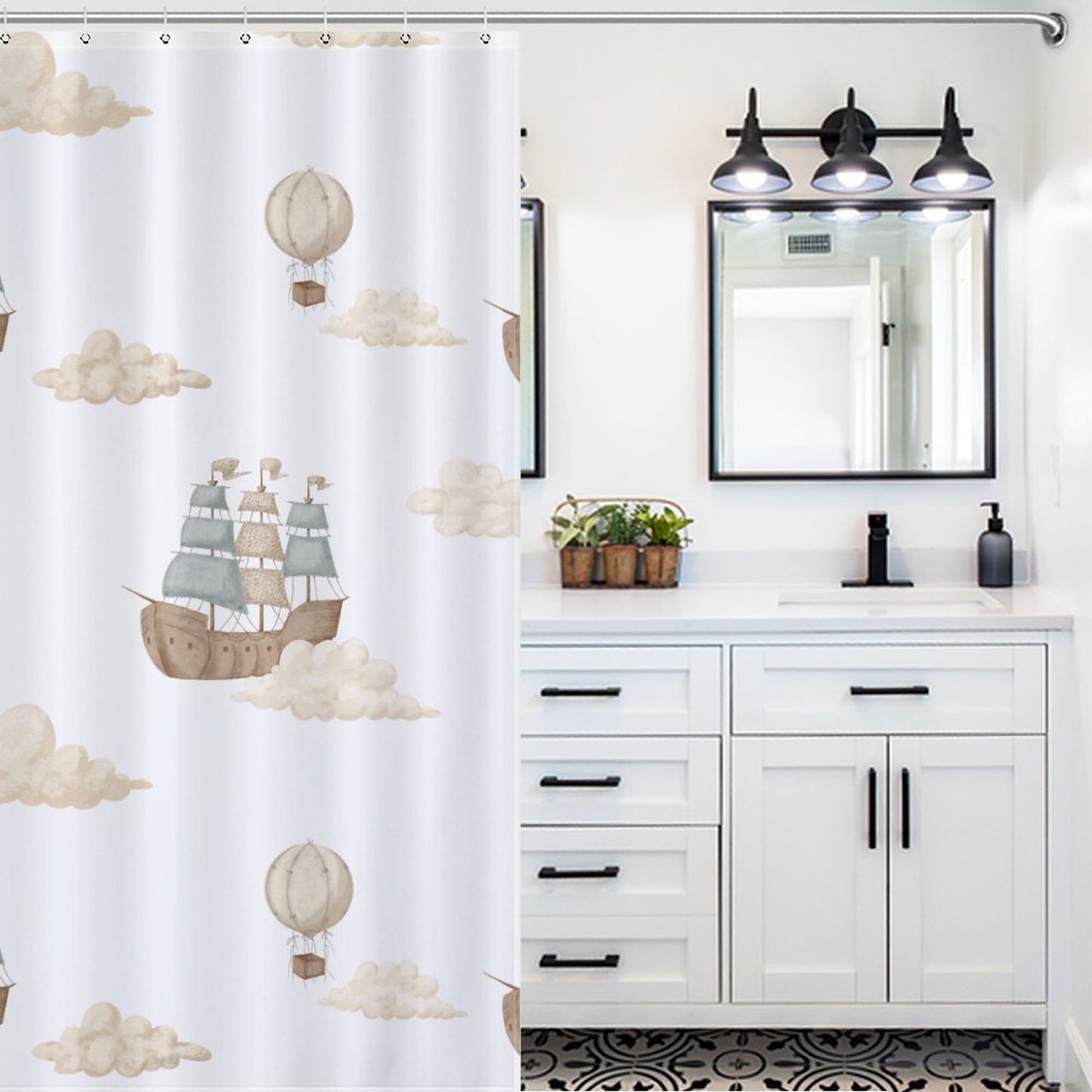 Lightweight Shower Curtain- Watercolor Pirate Ships