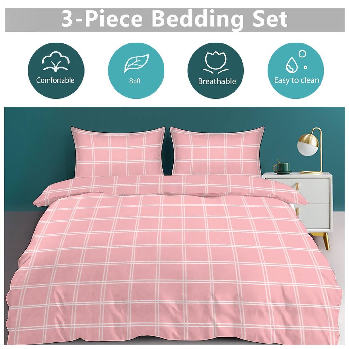 3-Piece Bedding Set-90"x90" Full/Queen Girly Plaid