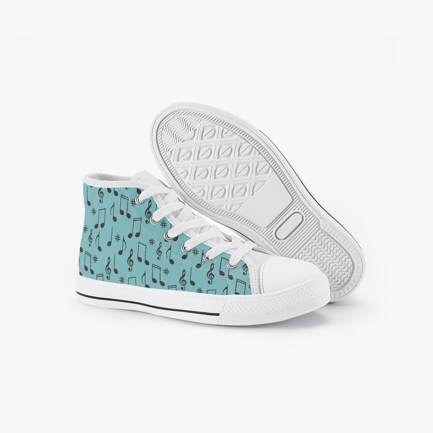 unisex 50s Diner Music Notes Teal Kid’s High-Top Canvas Shoes