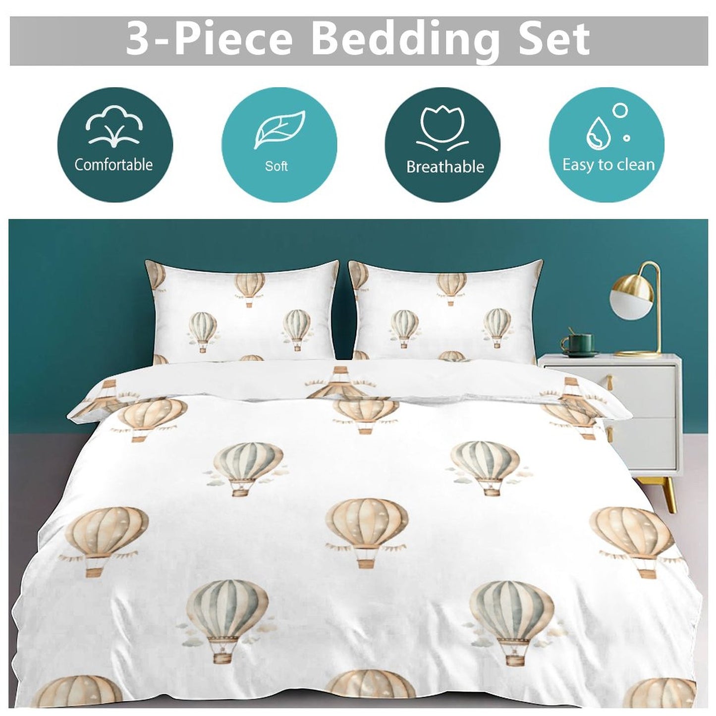 Neutral Hot Air Balloons 3-Piece Bedding Set-86"×70" Twin Reversible Duvet Cover Set