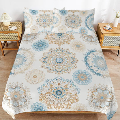 Blue Gold Boho Fun 3-Piece Bedding Set-90"x90" Full, Queen Reversible Boho Blue, Cream, Gold Duvet Cover