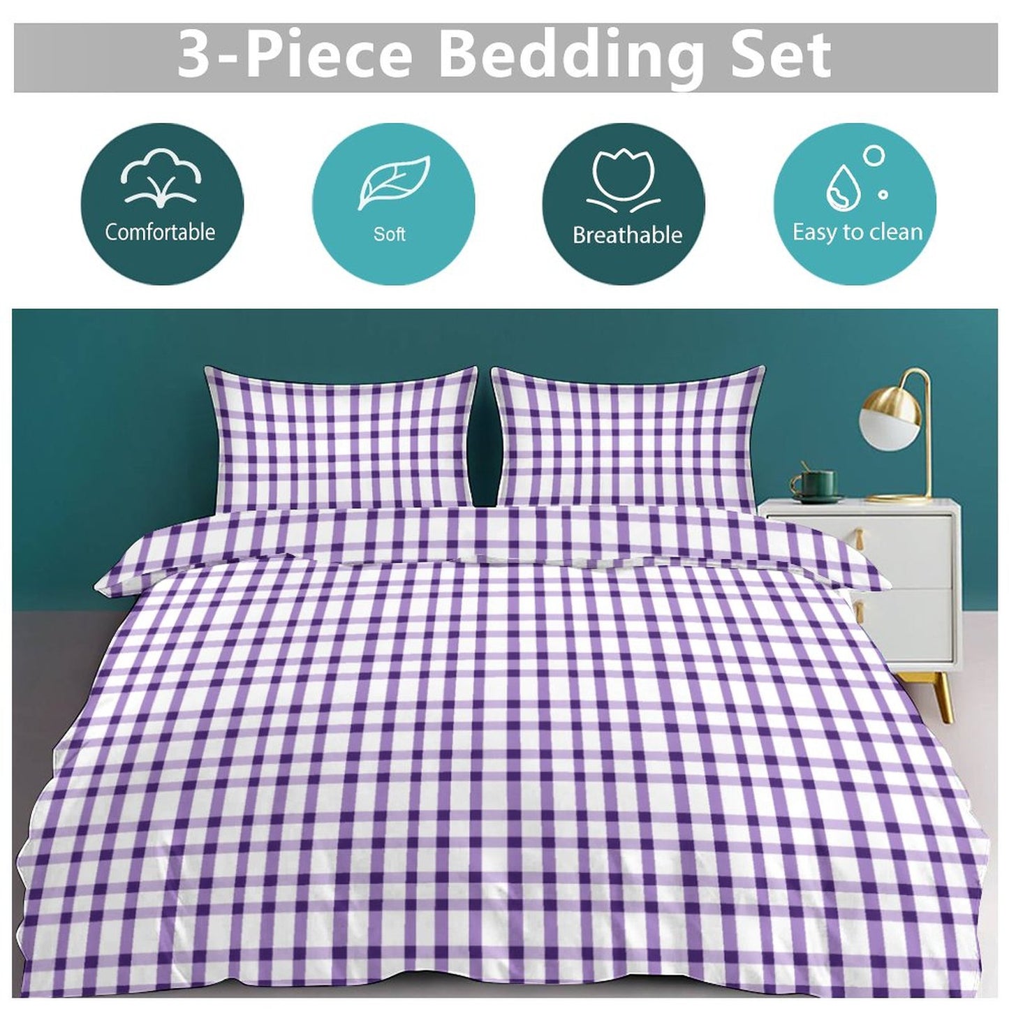 3-Piece Duvet Set-90"x90" Full/Queen Tiger Purple Plaid