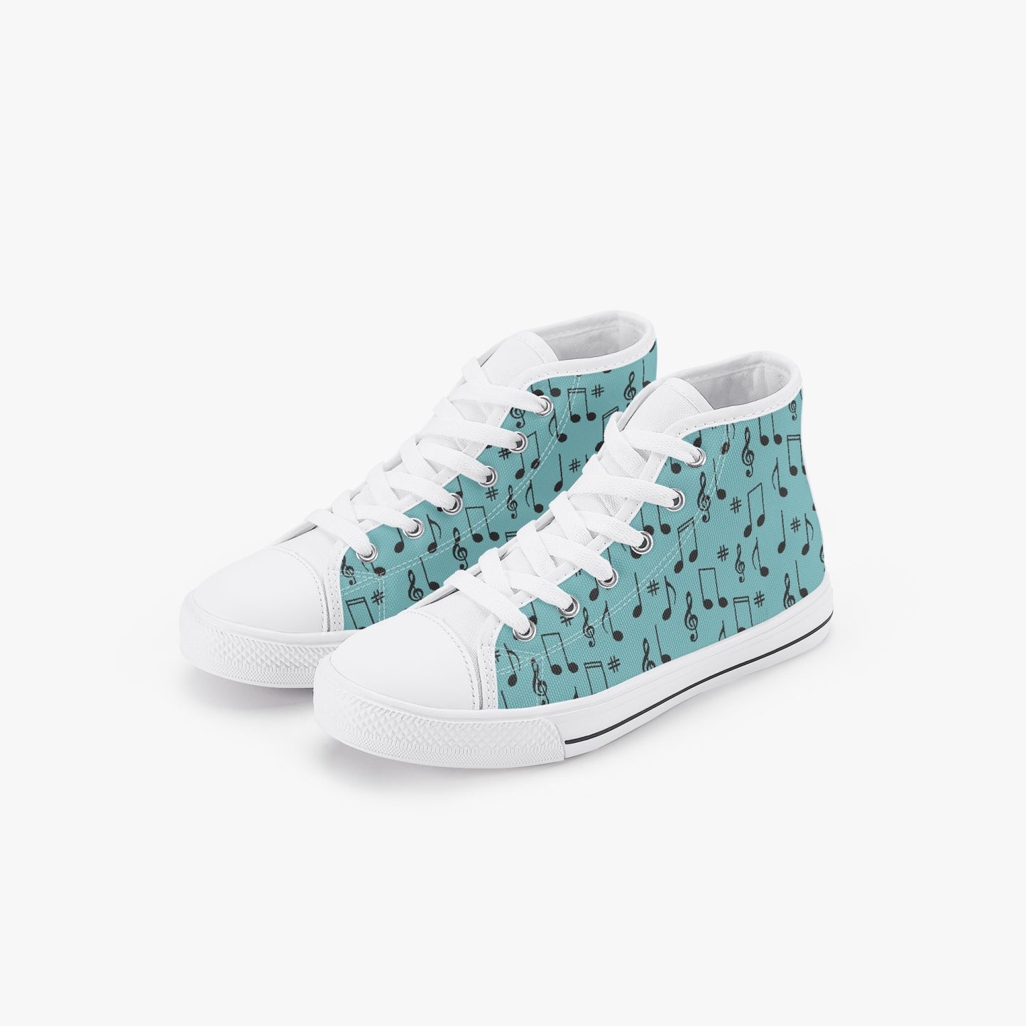 unisex 50s Diner Music Notes Teal Kid’s High-Top Canvas Shoes