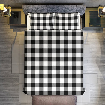 Black White Buffalo Plaid 3-Piece Bedding Set-90"x90" Full, Queen Holiday Plaid Duvet Cover Set