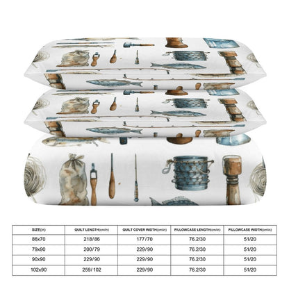 Watercolor Fishing Tools  3-Piece Bedding Set-90"x90" Full, Queen Reversible Fishing Duvet Cover, Fishing Camp, Lake House Bedding Set