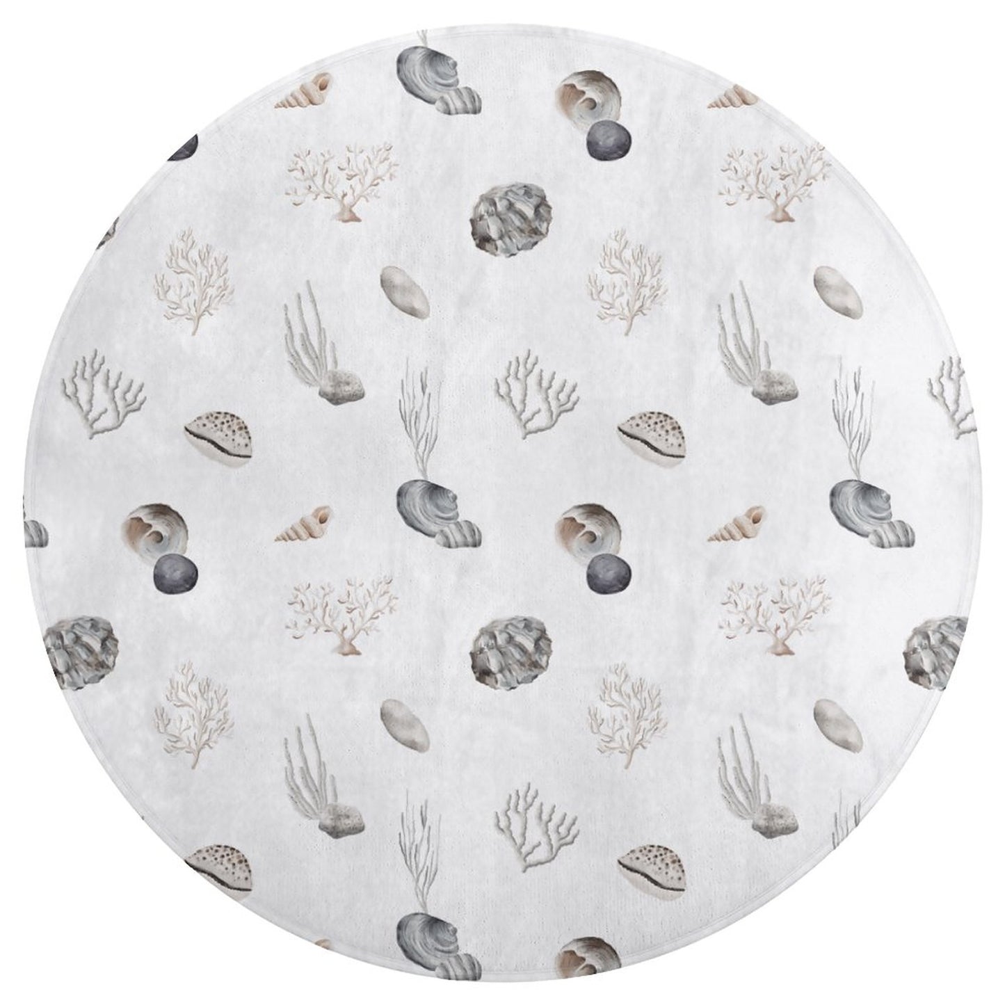 Round Plush Bath Mat- Watercolor Seashells Blue