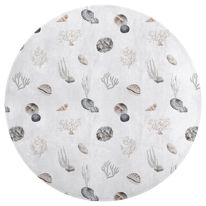 Round Plush Bath Mat- Watercolor Seashells Blue