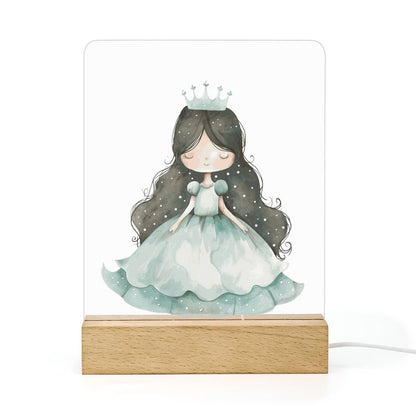 Watercolor Teal Princess 2 Acrylic Night Light with Wooden Base