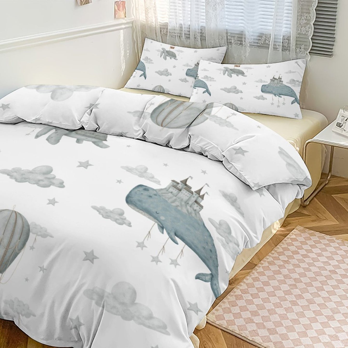 Whale Clouds 3-Piece Bedding Set-86"×70" Twin Reversible Duvet Cover Set